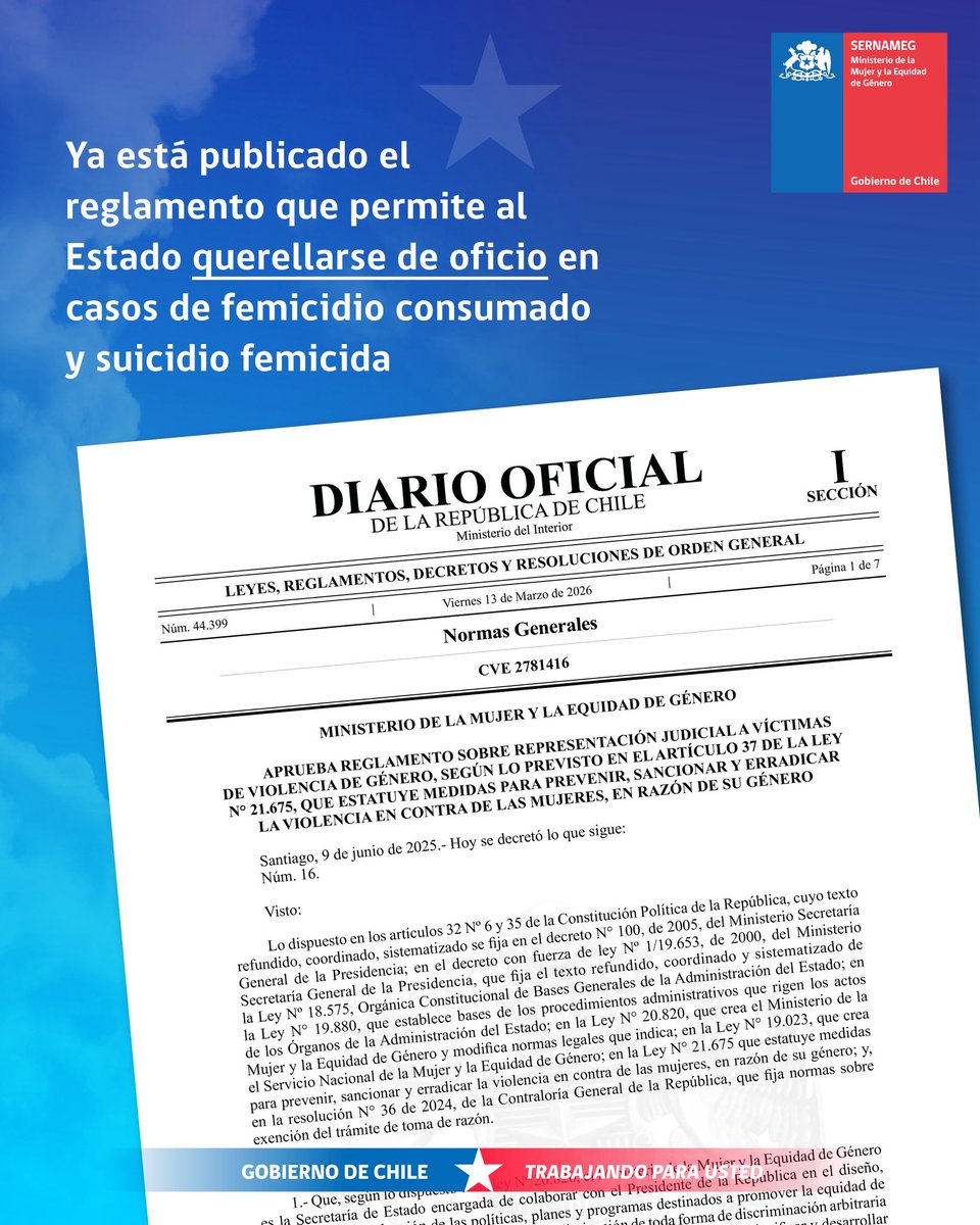 Este reglamento otorga a nuestro Servicio la facultad de querellarse institucionalmente de oficio en todos los casos de femicidio consumado y suicidio femicida, representando las causas desde el Estado. De esta forma, damos cumplimiento a la #LeyIntegral