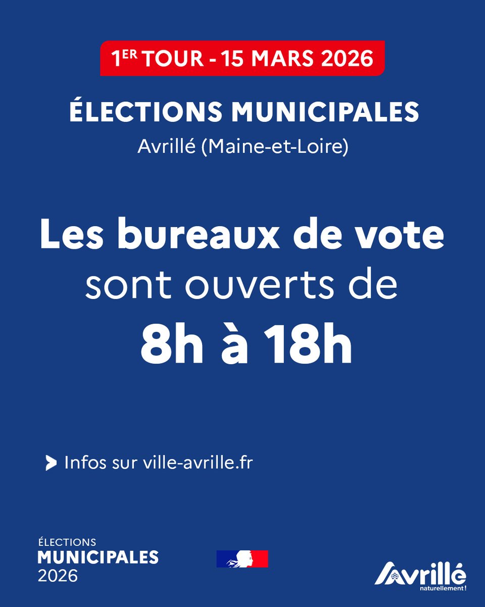 𝗘́𝗹𝗲𝗰𝘁𝗶𝗼𝗻𝘀 𝗺𝘂𝗻𝗶𝗰𝗶𝗽𝗮𝗹𝗲𝘀 - 𝟭𝗲𝗿 𝘁𝗼𝘂𝗿
RAPPEL : les bureaux de vote sont ouverts de 8h à 18h à Avrillé
#Avrillé #AngersMetropole #Municipales2026