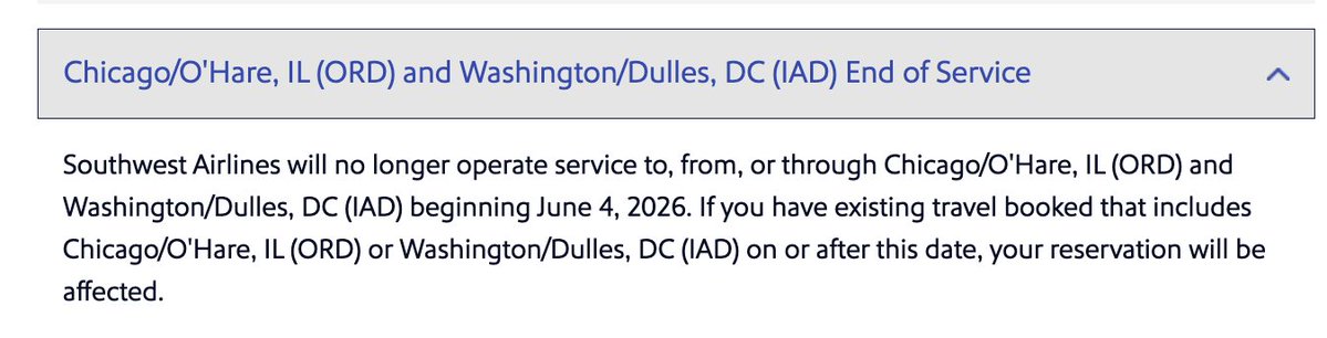Screenshot of Southwest end-of-service notice
