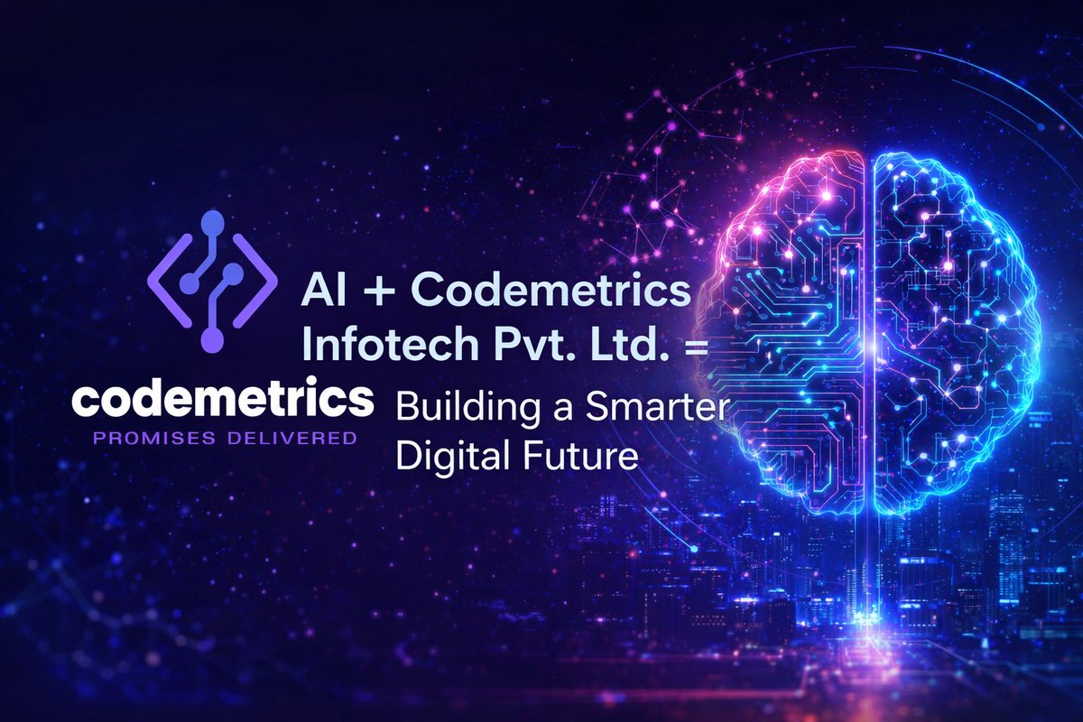 CodemetricsInfo's tweet photo. AI is transforming the future of technology. At Codemetrics Infotech Pvt. Ltd., we combine Artificial Intelligence with modern software development to build smarter, scalable, and innovative digital solutions that help businesses grow faster in the evolving tech world. https://t.co/y1pQJVzAVr