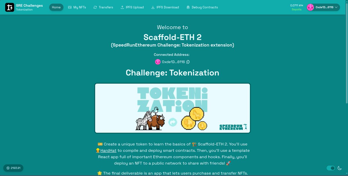 dkyosef200's tweet image. Just crushed my first milestone on SpeedRunEthereum (Challenge 0: tokenization) 

This challenge was the perfect playground to set up my environment, and actually Mint &amp;amp; Transfer NFTs on a live local frontend.

The dev environment is fully prepped. 

#SpeedRunEthereum #Web3