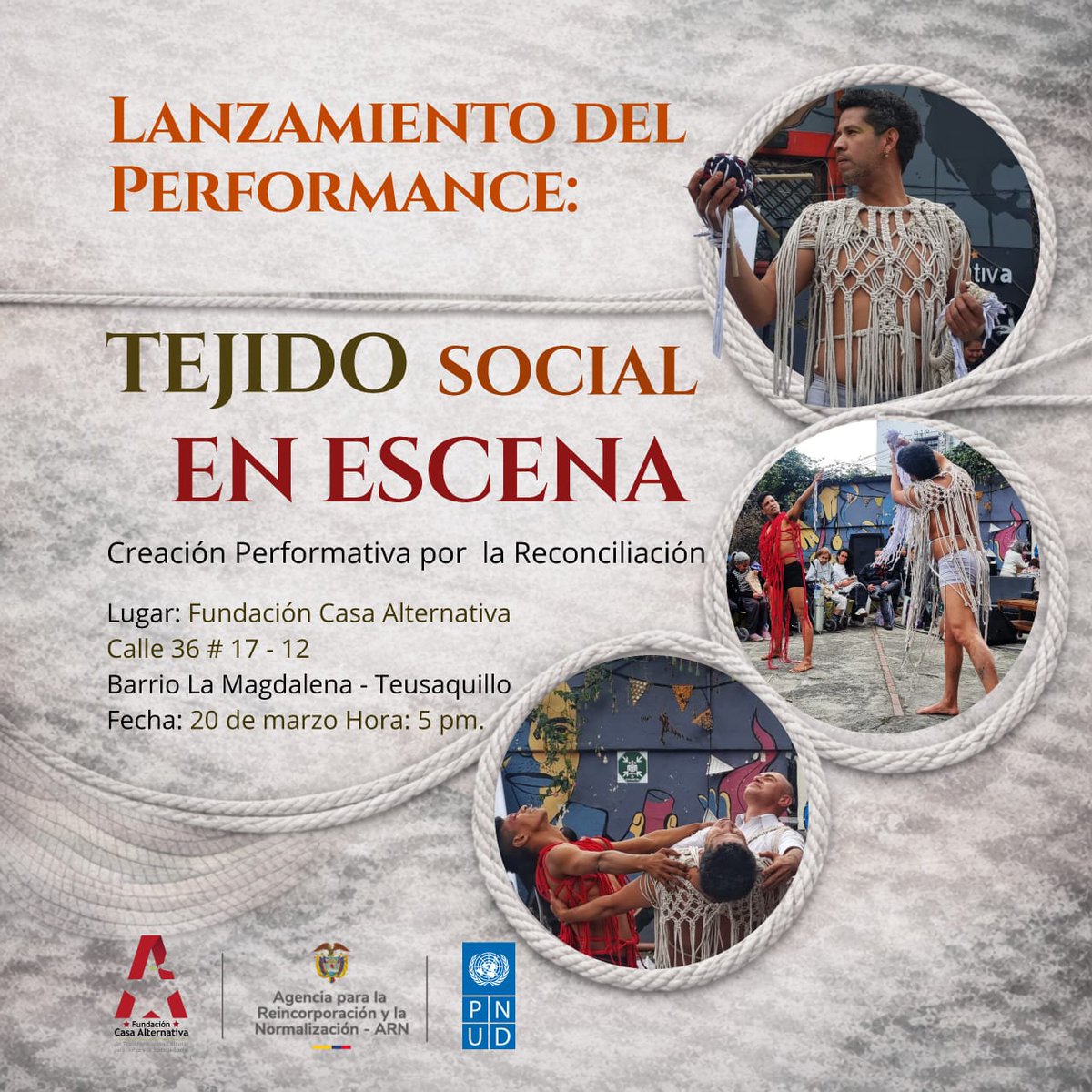 ¡Únete a la Reconciliación! 🌟

🌈 TEJIDO SOCIAL EN ESCENA Creación Performativa por la Reconciliación 🌈

¡Ven y sé parte de un momento único! 🎉

1⃣ Performance en vivo: Dónde la danza, el teatro, la música y la diversidad se unen 💃🕺
2⃣ Estreno del minidocumental y galería