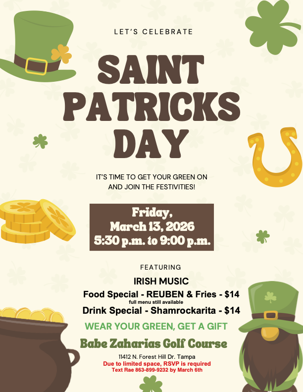 BabeZGolf's tweet photo. Join us tonight at 5:30pm for a festive Saint Patricks Day event featuring Irish music and special menu items! Don't forget to wear green for a special gift☘️ https://t.co/OnuDULsext