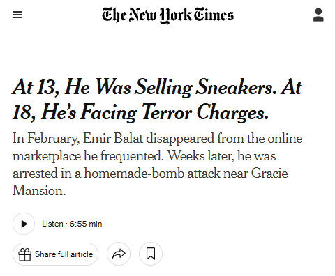 libsoftiktok's tweet photo. This is a real article from the New York Times on one of the NYC Islamic Terrorist bombers.

The NYT is not news. It's pure leftist propaganda. https://t.co/jJqwqG2b4x