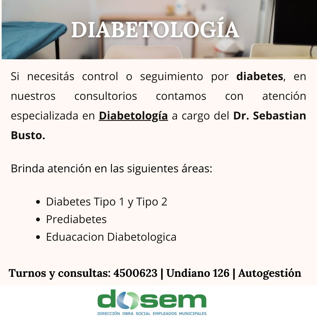BahiaDosem's tweet photo. Si necesitás control o seguimiento por diabetes, en nuestros consultorios contamos con atención especializada en Diabetología a cargo del Dr. Sebastian Busto.
Turnos y consultas: 4500623 | Undiano 126 | Autogestión https://t.co/NzxdcPZS4Q