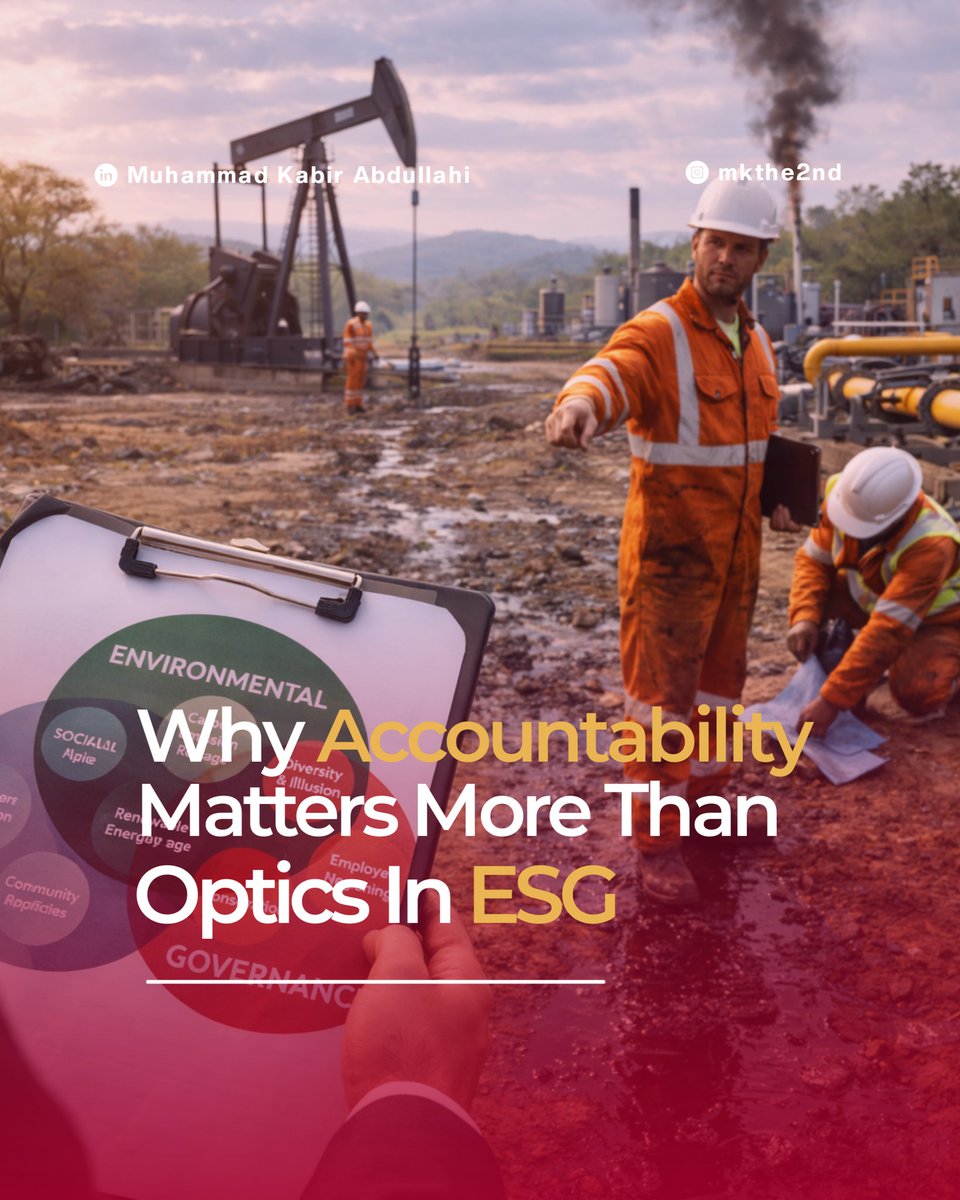MKthe2nd's tweet photo. WHY ACCOUNTABILITY MATTERS MORE THAN OPTICS IN ESG

ESG rarely fails because ambition is weak. It fails when accountability is optional.

Targets are announced and reports are published. But when performance falls short, what actually happens?

Without consequence, ESG becomes theater. With accountability, it becomes governance.

Real credibility comes from three things: measurement, transparency, and consequence. Remove one, and the system weakens.

The real question: where does ESG failure carry real consequences — and where is it hidden by optics?