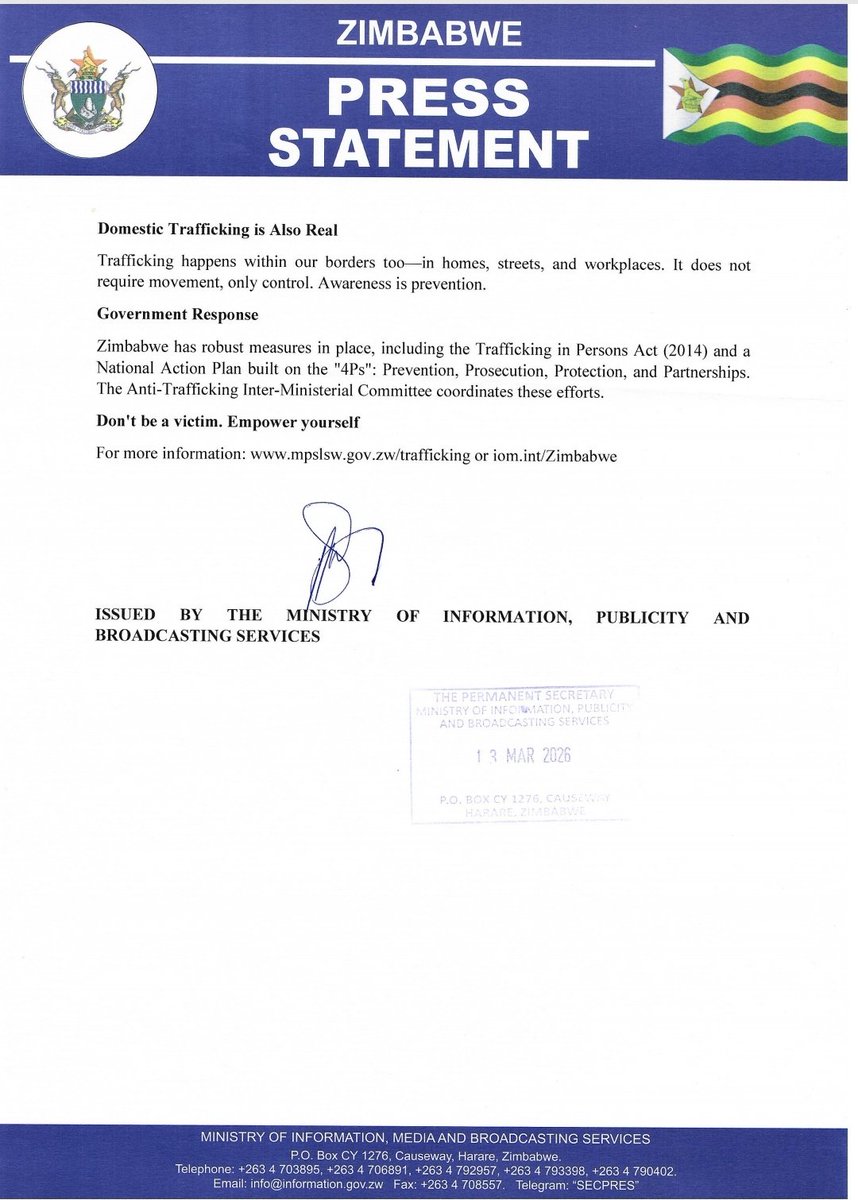 HonZhemuSoda's tweet photo. The Government of Zimbabwe warns citizens against a surge in deceptive recruitment practices leading to human trafficking. Criminal networks are luring job seekers with false promises of lucrative employment in South Africa and the Middle East (Oman, Saudi Arabia and UAE). https://t.co/WNsKjX7IVB