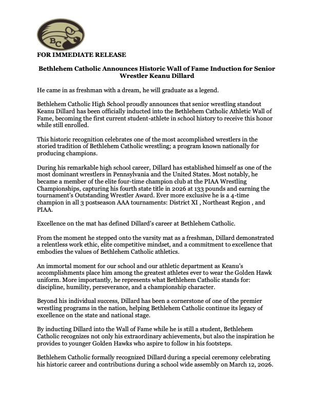 <a href="/TomHousenick/">Tom Housenick</a> <a href="/69Sports/">WFMZ-TV 69 Sports</a> <a href="/Cassie_SEN/">Cassie Schmidt</a> <a href="/KeithGroller/">Keith Groller</a> <a href="/D11Sports/">D11Sports</a> <a href="/KyleCraigSports/">Kyle Craig</a> <a href="/becahiwrestling/">BECAWrestling_Hawks</a> <a href="/bradwsports/">Brad Wilson</a> <a href="/PAPowerWrestle/">PA Power Wrestling</a> And the accolades keep on coming!
Dillard Inducted to Becahi Wall of Fame !
Dapper Dan Classic Rep