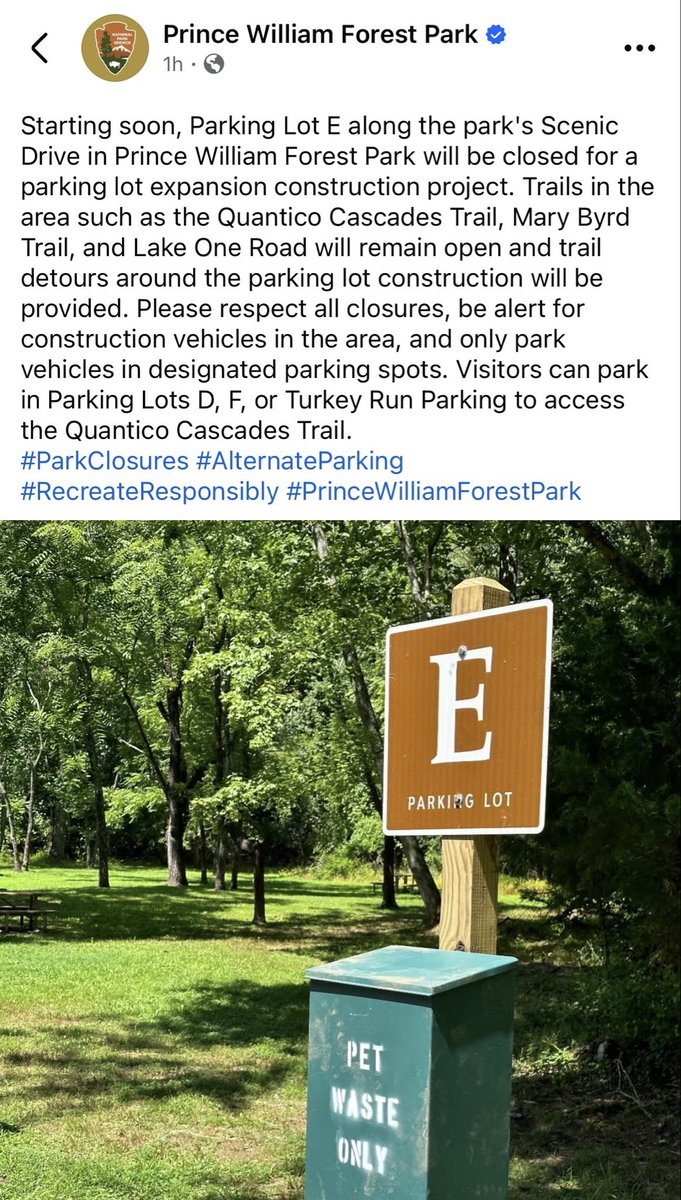 Parking Lot E in Prince William Forest Park will soon be closed due to a parking lot expansion project.