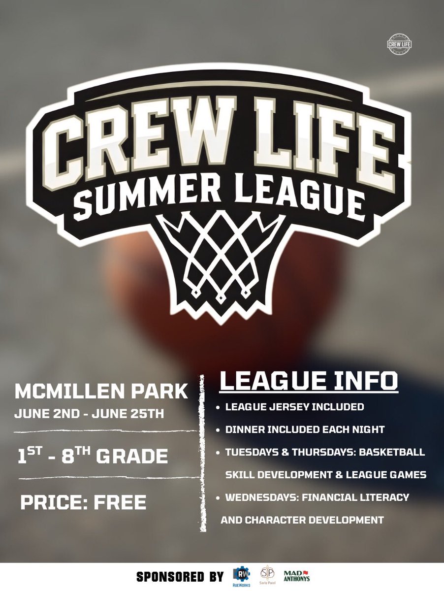 RaphealDavis3's tweet image. Excited for our Annual Summer Basketball League combined with a financial literacy camp! Last year, over 150 kids participated in the program.

We're seeking sponsors to empower our youth while providing dinner for all participants. Help us make a difference! #CREWLife