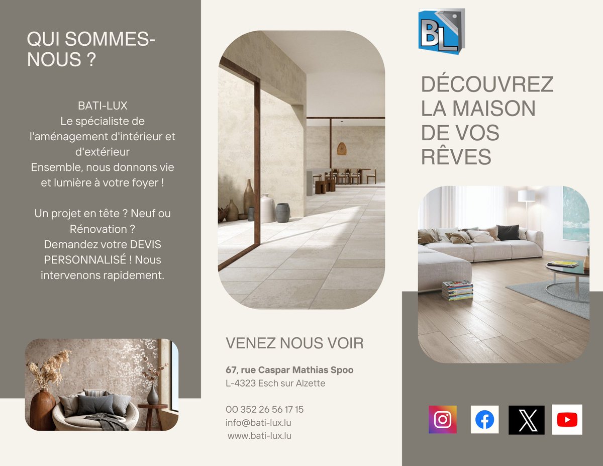 batiluxlu's tweet photo. Un projet de rénovation en tête ? 🏗️ Neuf ou ancien, BATI-LUX est votre spécialiste aménagement intérieur et extérieur ! Feuilletez notre nouvelle brochure 👇 et contactez-nous pour un devis personnalisé. 🌐 https://t.co/16jOWDlpvP 📞 00 352 26 56 17 15 #BatiLux #Travaux https://t.co/mQYZfx1UbQ