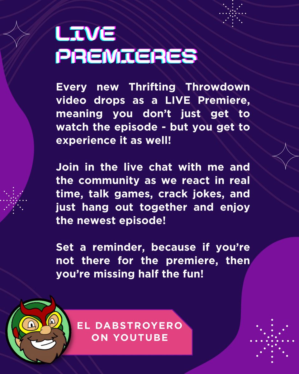 ElDabstroyero's tweet photo. Some of my favorite things about new episode premieres are the live chats! Always such a blast chatting and talking games! 

If you haven’t dropped in for a premiere yet, your next chance is this Sunday at 1pm on YouTube! 

#new #thriftingthrowdown #videogames #gaming #watch https://t.co/bznyUMMqPf