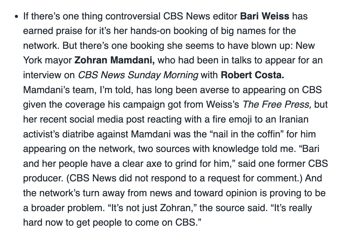 aidnmclaughlin's tweet photo. From last night’s @VanityFair newsletter: how Bari Weiss blew up a CBS News interview with New York Mayor Zohran Mamdani https://t.co/OFfORCfeyp https://t.co/E1GdjuLt7T