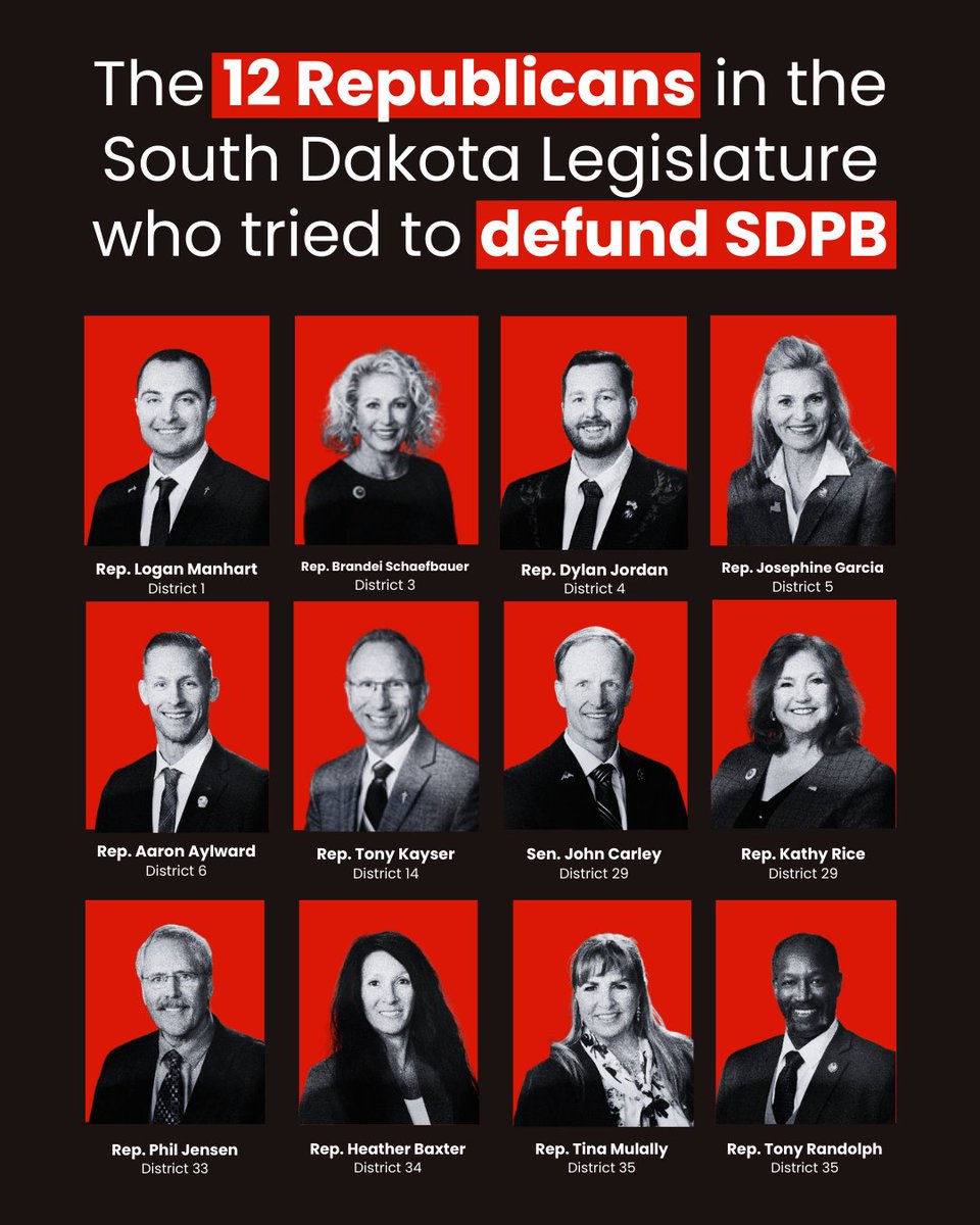 SoDakDems's tweet image. Last year, South Dakotans flooded lawmakers' inboxes in defense of SDPB after then-Governor Kristi Noem tried to cut SDPB funding. 

These are the lawmakers who didn't care enough not to try again.

#SDPB #PBS #Publicbroadcasting #SouthDakota #SDLegislature