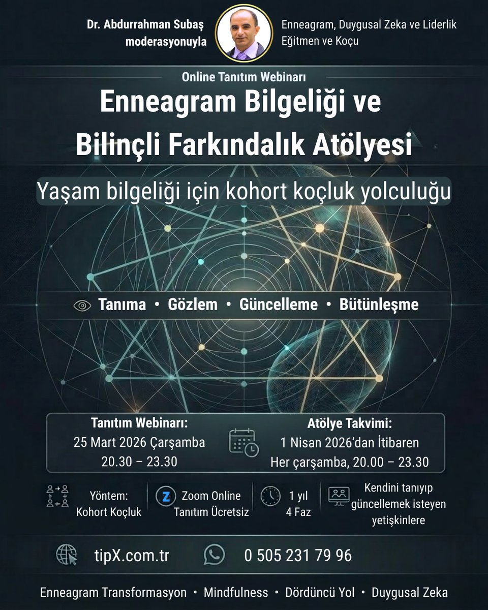 Sürekli devam atölyesi bekleyenlere müjde: 
🧭 Enneagram Bilgeliği ve Bilinçli Farkındalık Atölyesi
🌱 Yaşam bilgeliği için kohort koçluk yolculuğu
 tipx.com.tr/hizmetler/egit…