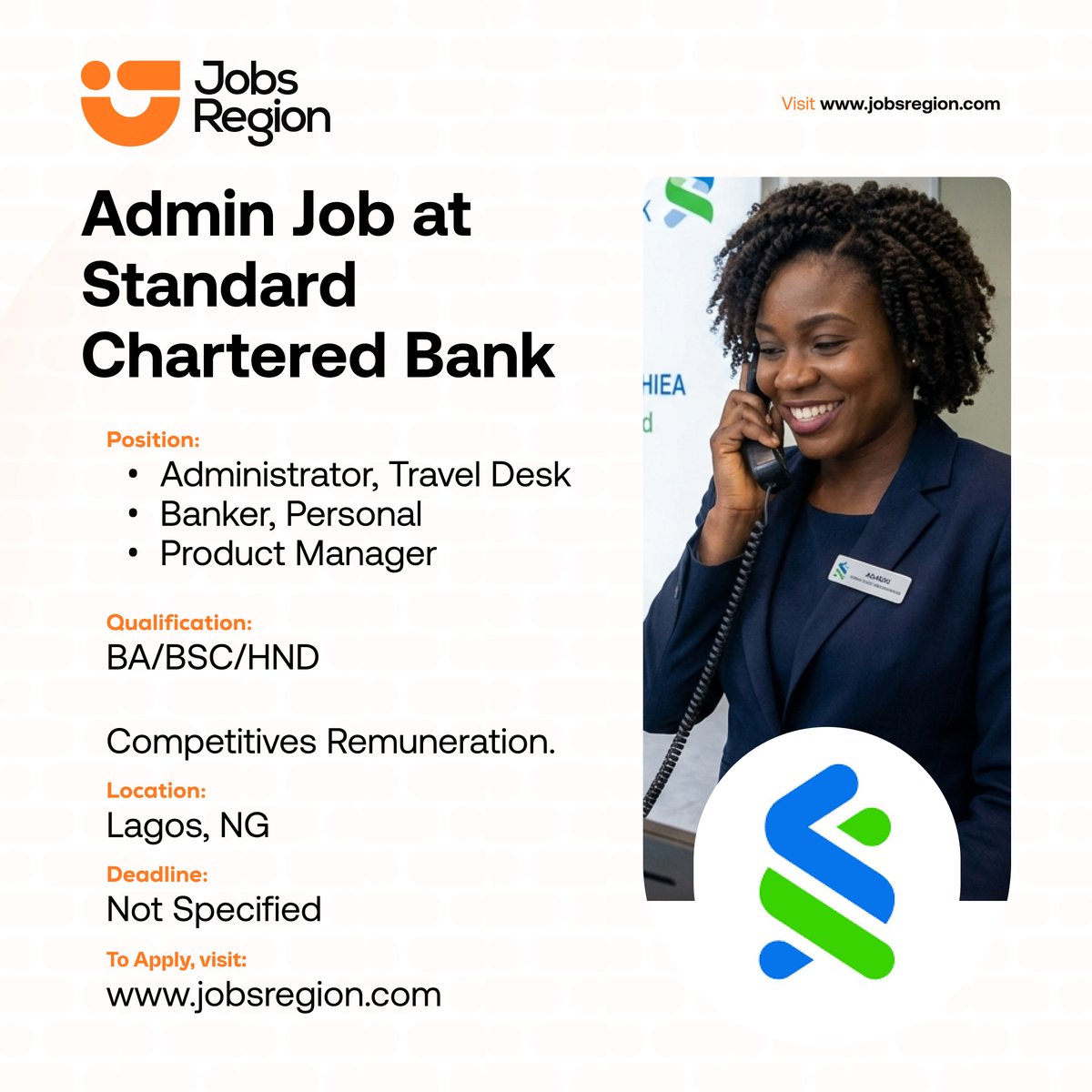jobsregion's tweet photo. Admin Job at Standard Chartered Bank (3 Positions)

Location: Lagos Nigeria

Qualification: BA/BSC/HND

Deadline: Not Specified

Click the link (image) below to apply⤵️
https://t.co/6qw46LQUCS

Kindly retweet and tag your friend who might be interested https://t.co/N26oHvQYkv