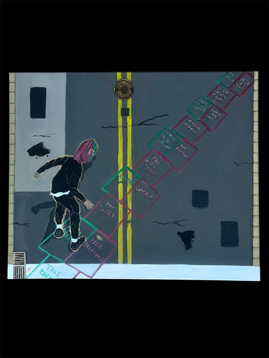MrLuckyPaint's tweet photo. “Get Tf Out The Streets”

20x24

A fun piece putting a spin on a classic game we call Hopscotch. Wanting to complete a trilogy of pieces featuring myself, instead of the portrait style I used for the previous tew pieces I decided to have more fun with this one. 

#art #painting https://t.co/9FiBrNXZB1
