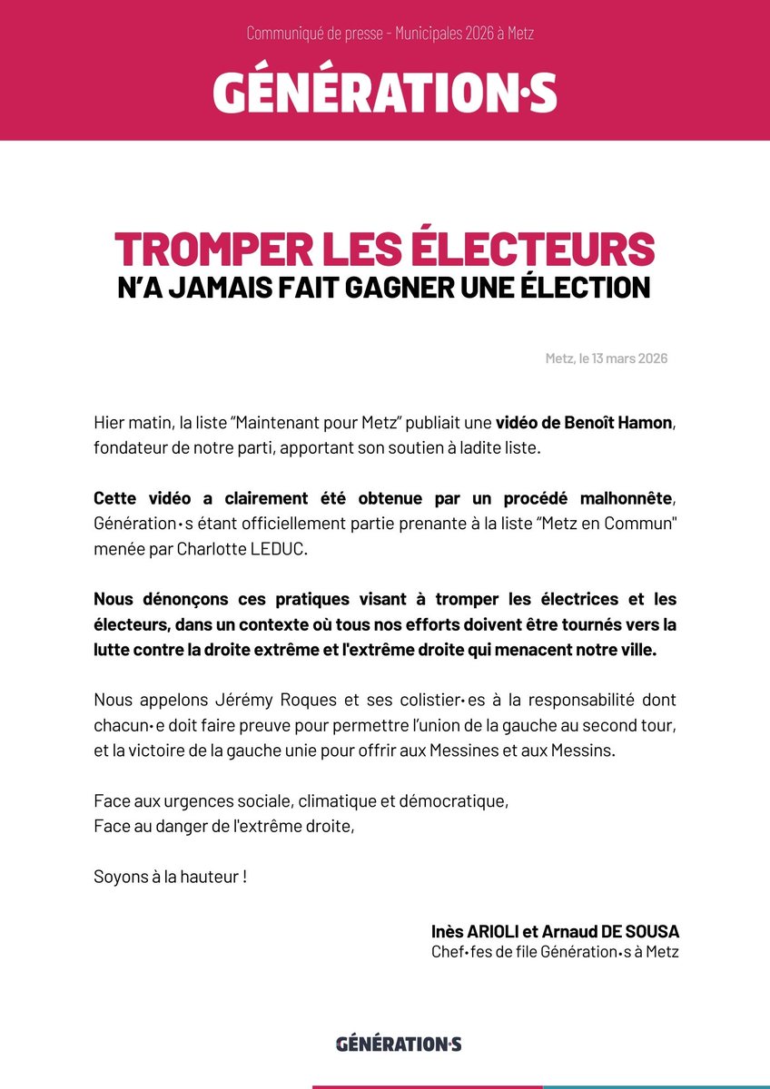 🔴 Alerte INTOX !

Notre communiqué suite à la vidéo de Benoit Hamon diffusée hier sur les réseaux de Maintenant pour Metz 

Face au danger de l'extrême droite, il est temps que tout le monde à gauche soit exemplaire.

On fait campagne proprement et on s'unit au second tour svp.