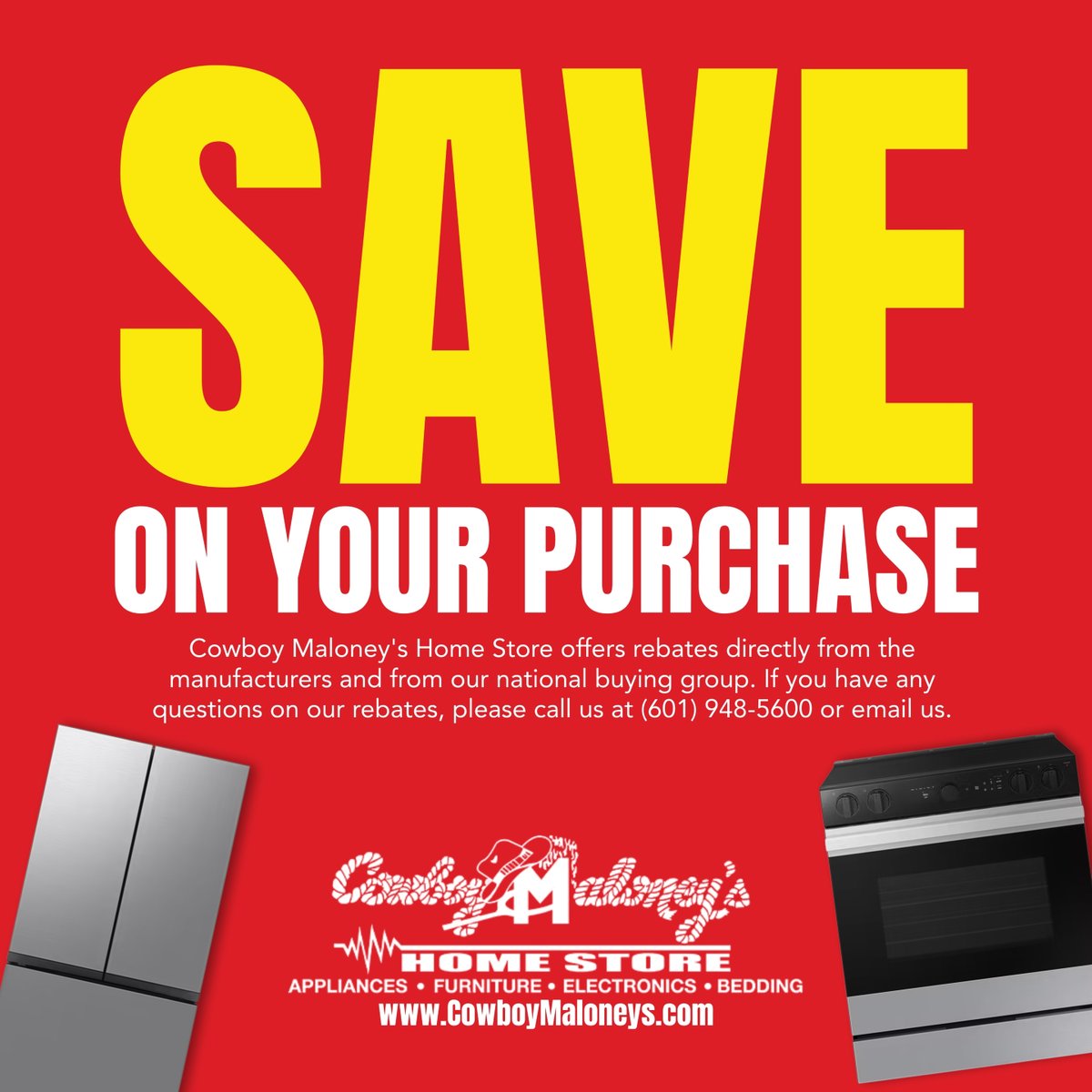 CowboyMaloneyMS's tweet image. Save BIG at Cowboy Maloney's! Discover incredible rebates directly from manufacturers and our national buying group on our website.

cowboymaloneys.com/rebate_center.…

#CowboyMaloneys #HomeStore #HomeUpgrade #YourHomeStartsHere #ShopLocal #HomeEssentials #NewAppliances #GreatDeals #Savings