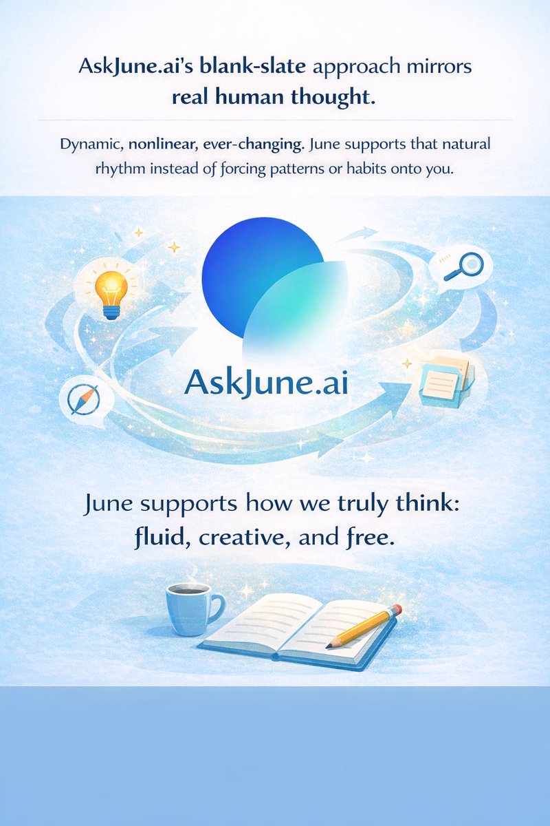 dauda_ali10's tweet photo. June ai gives a blank slate approach that mirrors real human thought.
It is dynamic, nonlinear, ever changing. @askjuneai supports that natural rhythm instead of forcing patterns or habits onto you.
#juneaimeme https://t.co/XiSQhxaShd