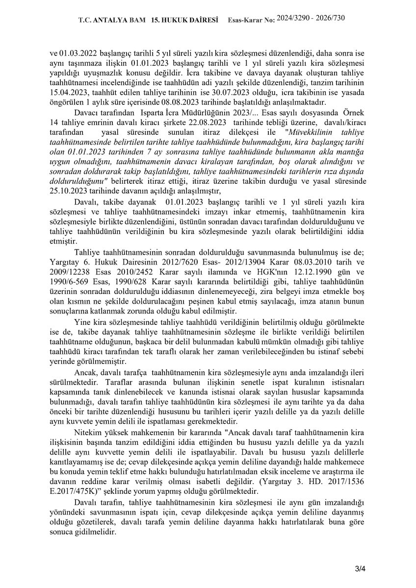 yankibuyuksezer's tweet photo. Sözleşmede tahliye taahhüdü verildiğinin belirtilmiş olsa da, tahliye taahhütnamesinin sözleşme ile birlikte verildiği belirtilen taahhütname olduğunun, başkaca bir delil bulunmadan kabulü mümkün olmadığı

Antalya BAM 15 HD 2024/3290 E 2026/730 K 10.03.2026 https://t.co/15nUJSAikL
