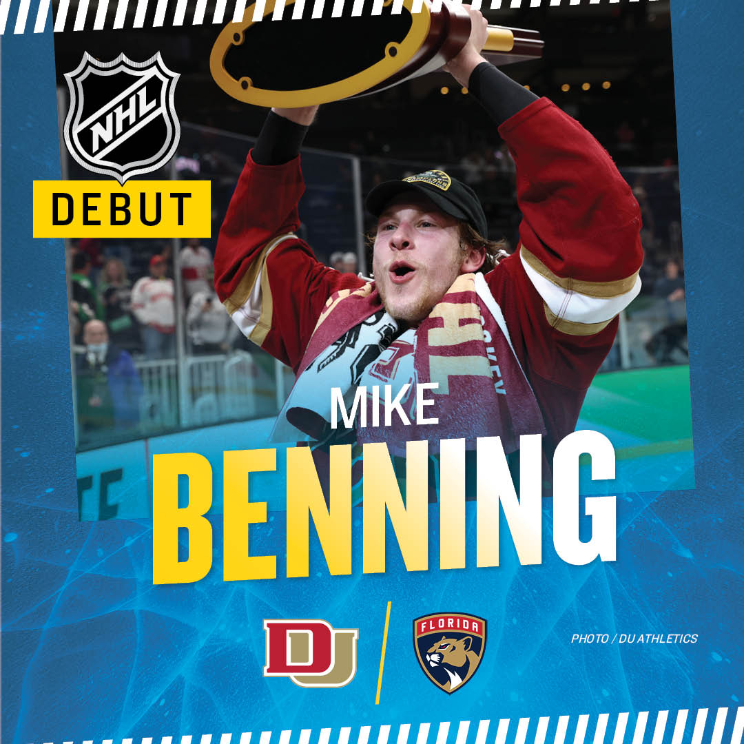 collegehockey's tweet image. Congratulations to former DU defenseman Mike Benning, a national champ and All-American with the Pioneers, who made his NHL debut and notched his first career point Thursday. #TimeToHunt