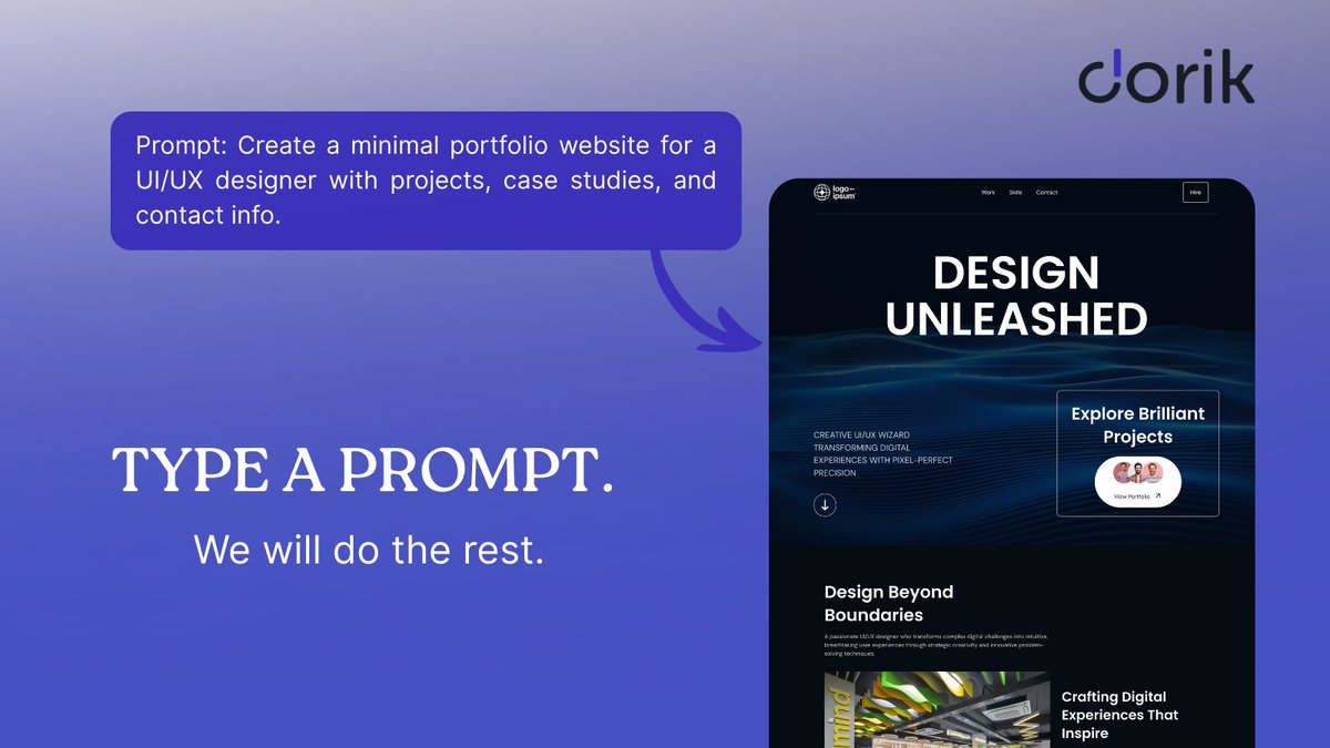 dorik_io's tweet photo. Building a website used to start with hours of planning.
Now it starts with a prompt.

Type what you want. Dorik AI will build the website in less than 60 seconds.

Try it yourself, link in the comments!

#SaaS #AIWebsiteBuilder #Dorik https://t.co/v6W2sGhLcz