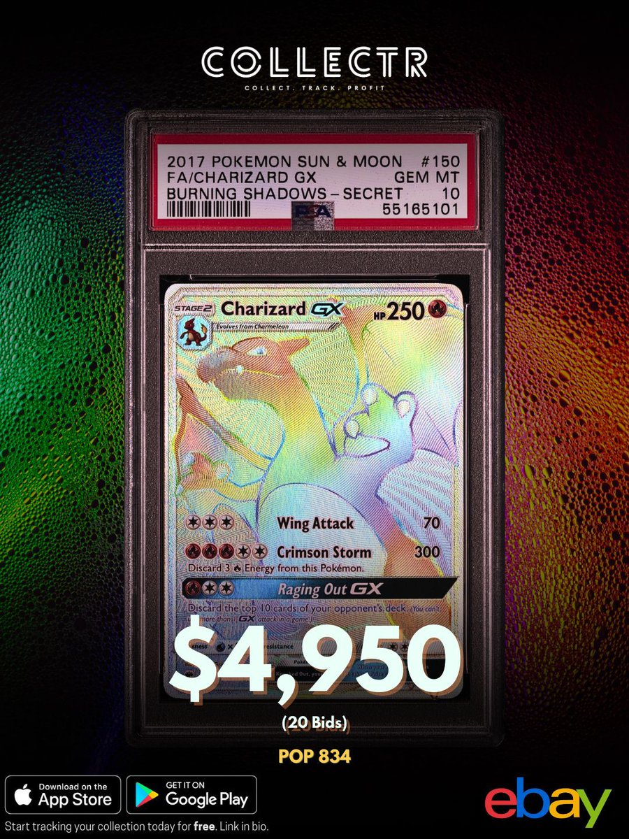 getcollectrapp's tweet image. A PSA 10 Rainbow Charizard GX from Burning Shadows just sold on eBay for $4,950.

The secret rare “Rainbow Zard” quickly became the defining chase card of the Burning Shadows set and one of the most iconic pulls from the Sun &amp;amp; Moon era.

#collectr #charizard #pokemoncards #psa10