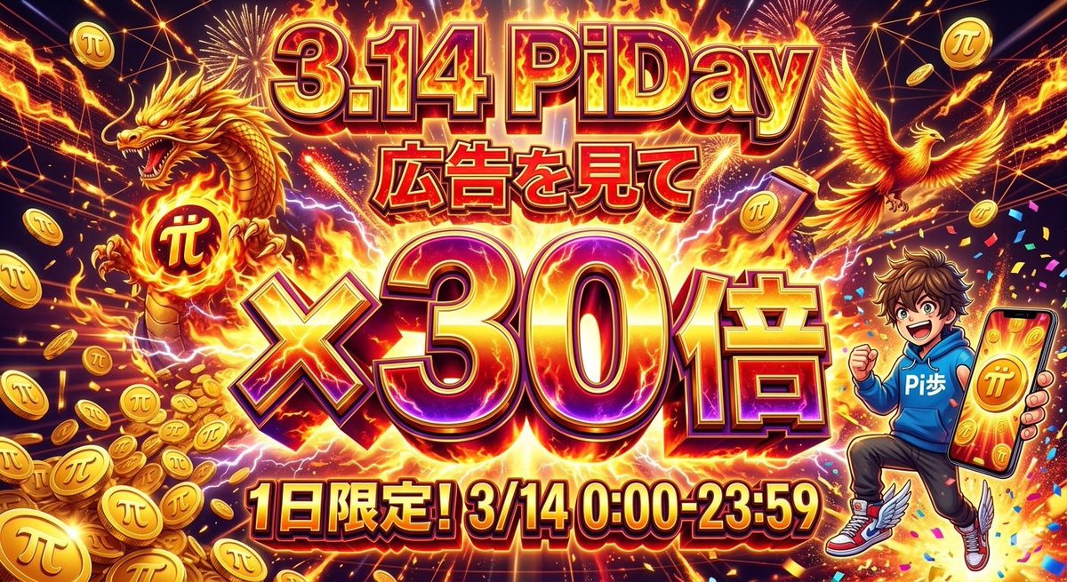 Piho_app's tweet photo. 🎉 Happy #PiDay2026 !! 🥧✨
 【ついに開始！本日23:59まで限定】
パイオニアの皆様、お待たせいたしました！
 Pi歩史上最大の特大イベントが、ただいまスタートしました🔥

🎁 今日（3/14）だけの限定ボーナスいつもの「広告を見て10倍」ボタンが、丸一日【広告を見て30倍】に大爆発中です🚀✨

1年で一番 $Pi を稼げる大チャンス！
 今日はたくさん歩いて、どんどんポイントをPiに交換してくださいね！👟💨

⚠️ ご注意
30倍ボタンを出現させるには、アプリを【最新バージョン(1.0.6)】にアップデートしていただく必要があります📱✅
さあ、一緒にお祭りを楽しみましょう！
#PiNetwork #Pi歩 #ポイ活
