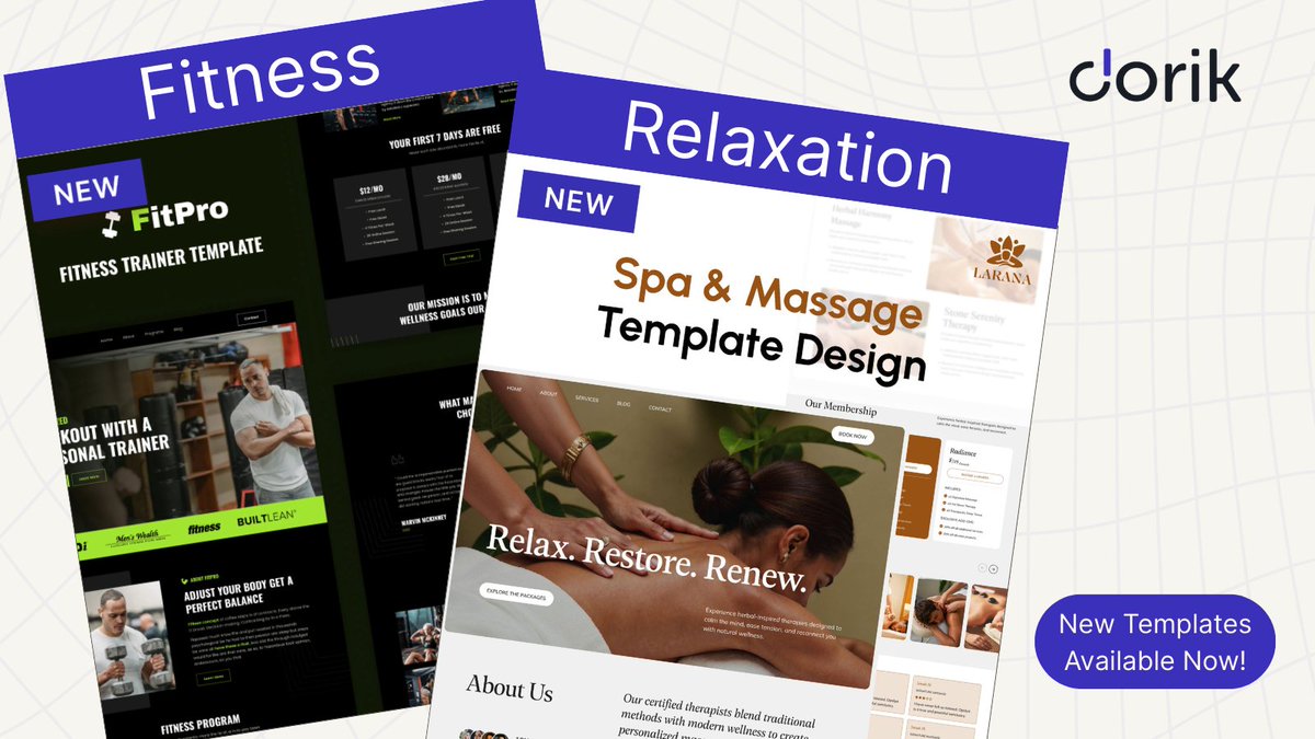 dorik_io's tweet photo. Whether its a Gym or a Spa, Dorik has it all.

Two new templates now available on Dorik.

Links for these down below!

#SaaS #AIWebsiteBuilder #Dorik https://t.co/dcoJZD8HHX