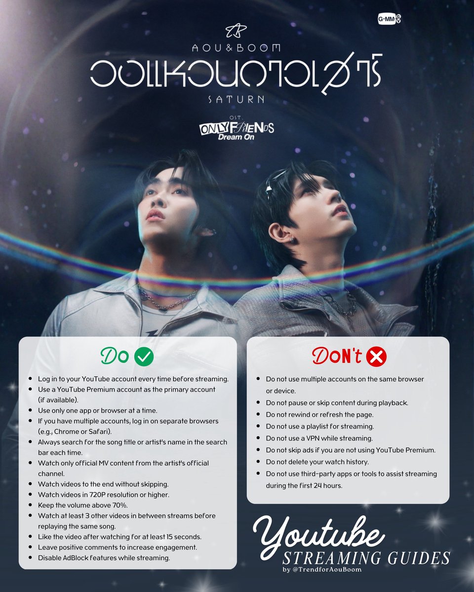 🎧 Youtube Streaming Guide for 
— #SaturnMV | #AouBoom 

🪐 วงแหวนดาวเสาร์ (Saturn) Ost. ONLY FRIENDS : DREAM ON - Aou Thanaboon, Boom Tharatorn

📍Official MV : GMMTV RECORDS
🎵: youtu.be/j8pElc_Xwc8?si…

#OnlyFriendsDreamOnEP3
#aou_tnbknr #besevboom
