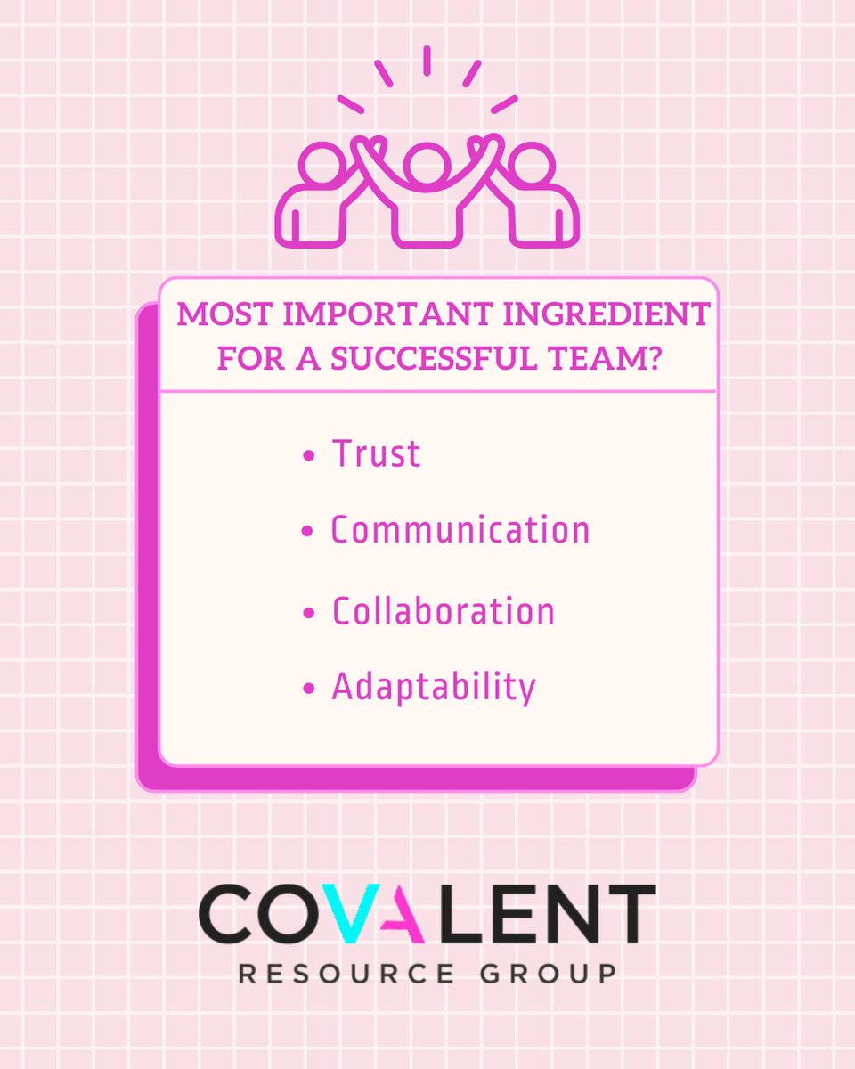 CovalentRG's tweet image. Fun Friday question 👇

What’s the most important ingredient for a successful team?
• Trust
• Communication
• Collaboration
• Adaptability
(No wrong answers — just great teams.)

#Covalent #FunFriday