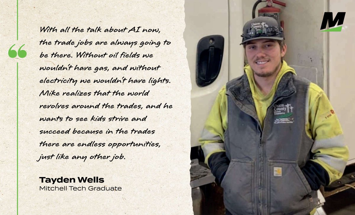 Congrats to Mitchell Tech grad Tayden Wells, featured in <a href="/SE_Electric/">Southeastern Electric Cooperative</a> for earning the Work Ethic Scholarship! Now he's an apprentice lineman continuing to build his career in the energy industry.

Read more: southeasternelectric.com/news-announcem…