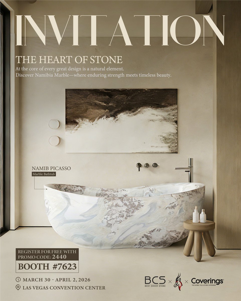 BestCheerStone's tweet photo. At Coverings 2026, Best Cheer Stone presents a curated collection of Namibia dolomite and premium natural stone materials crafted for refined architectural and interior spaces.

📍 Booth #7623 | Las Vegas Convention Center
📅 Mar 30 – Apr 2, 2026
🎟 Register FREE with code 2440 https://t.co/Q4sKRYIOJ9
