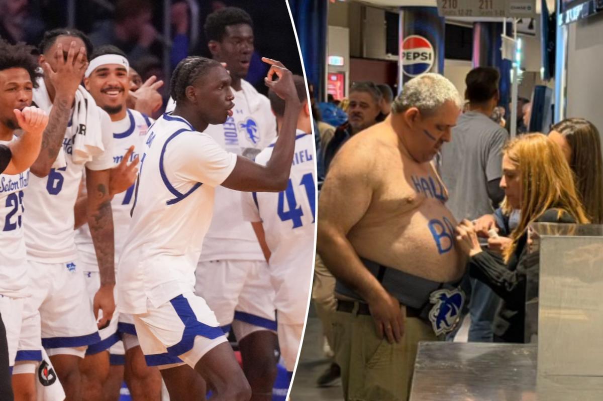 nypost's tweet photo. Bare-chested Seton Hall fan goes viral during Big East Tournament https://t.co/77nMHvnWZK https://t.co/wk9CyUKncv