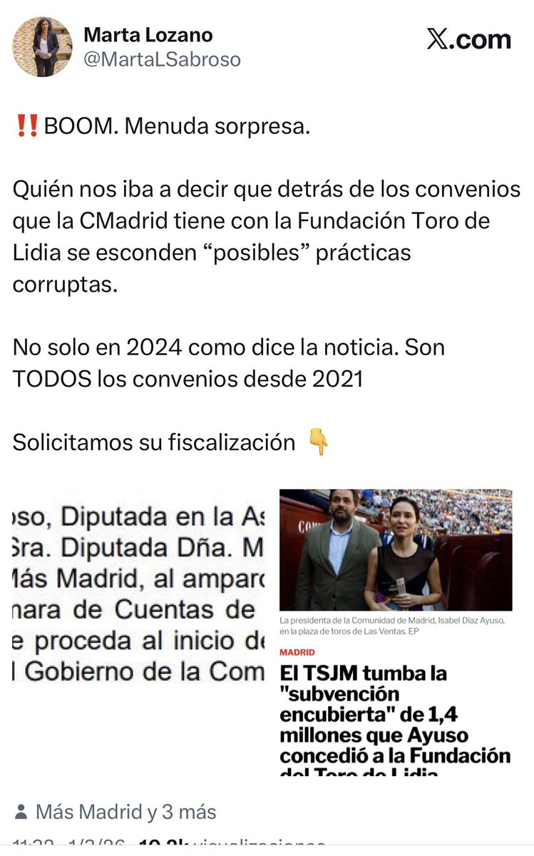 MartaLSabroso's tweet photo. Lo advertimos. 

Vamos a terminar con el negocio que tiene la Fundación Toro de Lidia en Madrid gracias a Ayuso.

Un primer paso de muchos otros para acabar con la tortura. 

Porque, ni hoy ni nunca. la tortura no es arte ni es cultura.

Con @EscalanteMarisa 💜 https://t.co/w68ZbtEpKl
