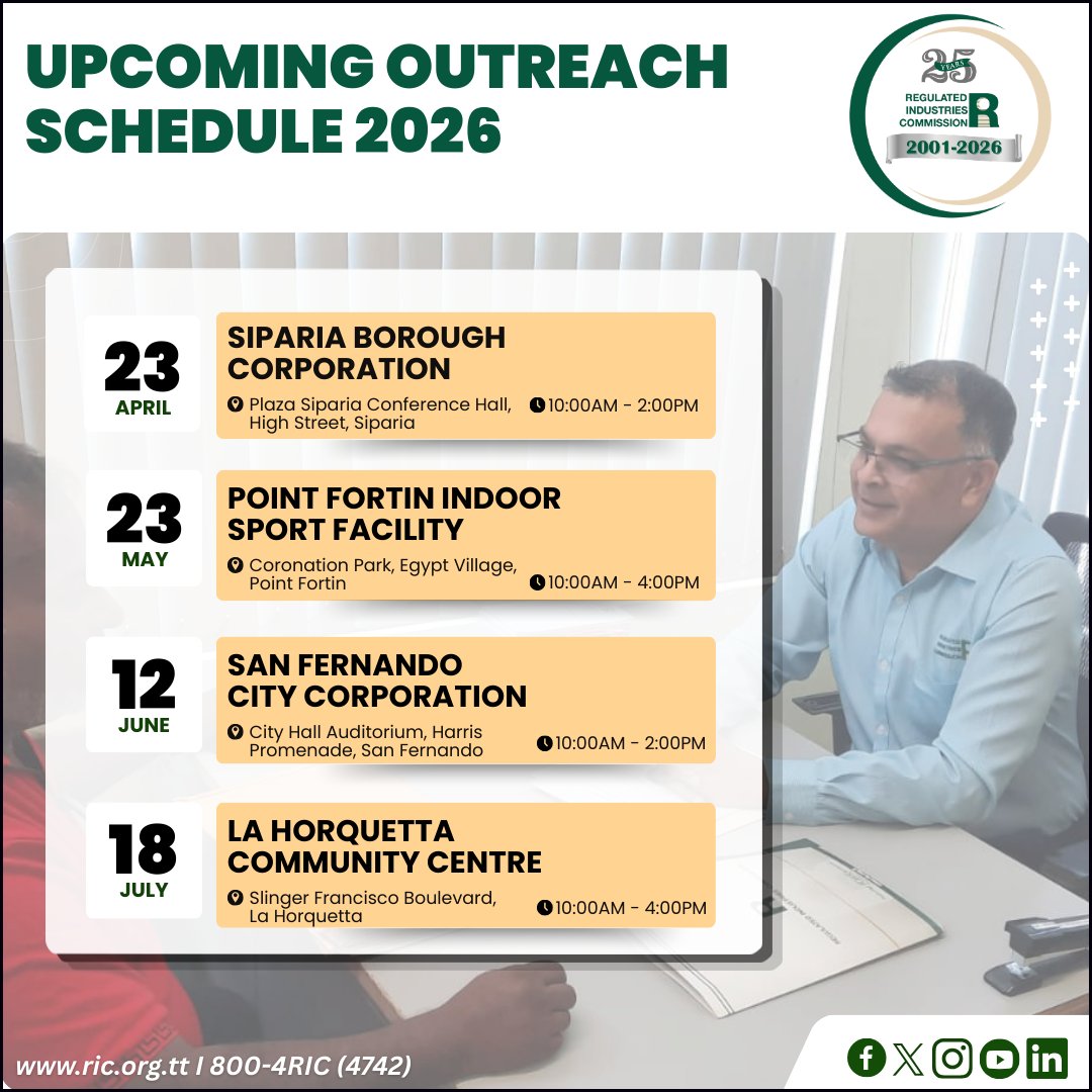 RIC_TT's tweet photo. 📢 RIC is coming to your community!

This is your opportunity to:

✅ Learn more about the role of the RIC
✅ Lodge your complaints related to WASA or T&TEC
✅ Get information on consumer rights and utility regulations
✅ Ask questions and engage directly with RIC representatives

📍 Siparia – April 23
📍 Point Fortin – May 23
📍 San Fernando – June 12
📍 La Horquetta – July 18

🌐 https://t.co/jNIrlPGPQk | ☎️ 800-4RIC (4742)

#RICTT #CommunityOutreach #ProtectingYourInterests