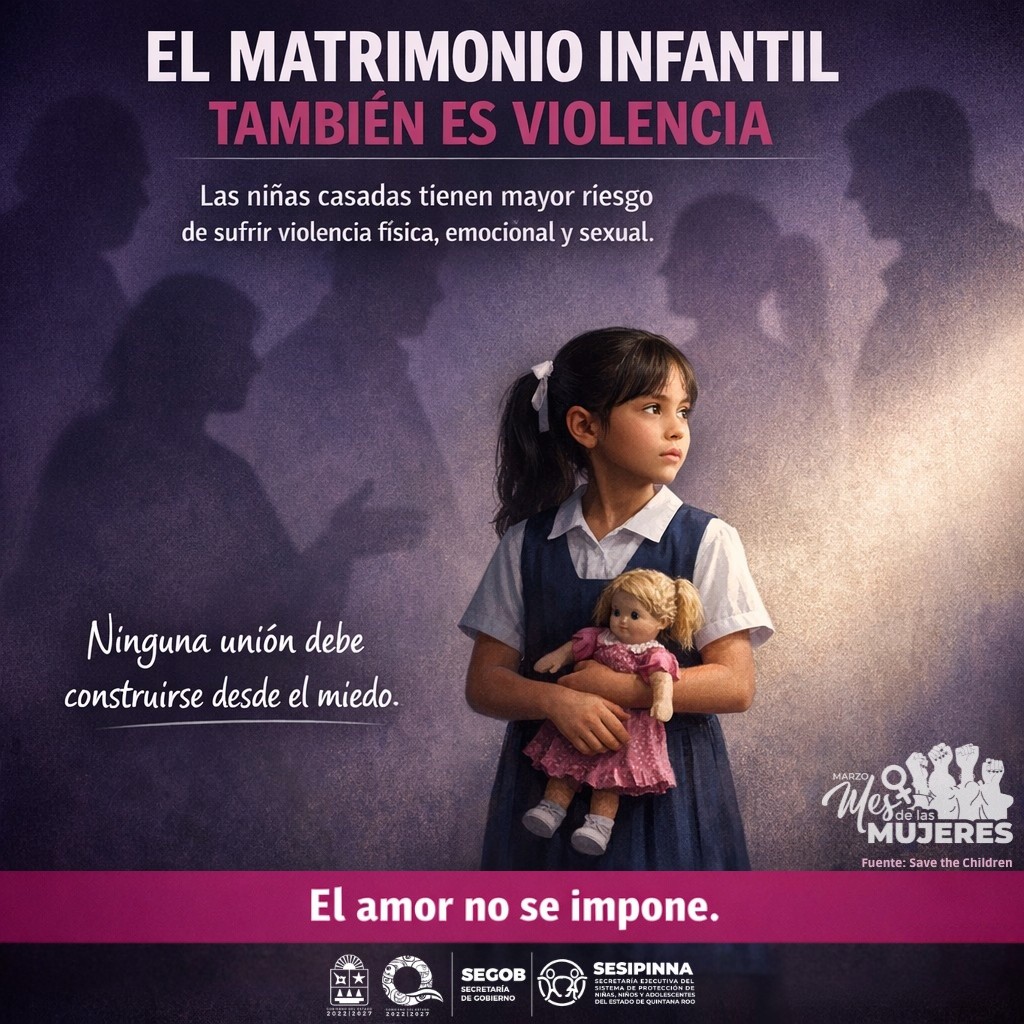 Le ts’íibo’ob ti’ paalalo’ob je’el bix violencia. 💔

Mixba’al unión ma’ k’aabet u meyaj tu yóok’ol saajkil.
Protege le paalalo’ob.

📞Reporta: 9-1-1 | 089.

#UnidasParaTransformar #InfanciasLibresSIPINNAQROO #NiñasNoEsposas #MesDeLasMujeres #8M #TiempoDeLasMujeres