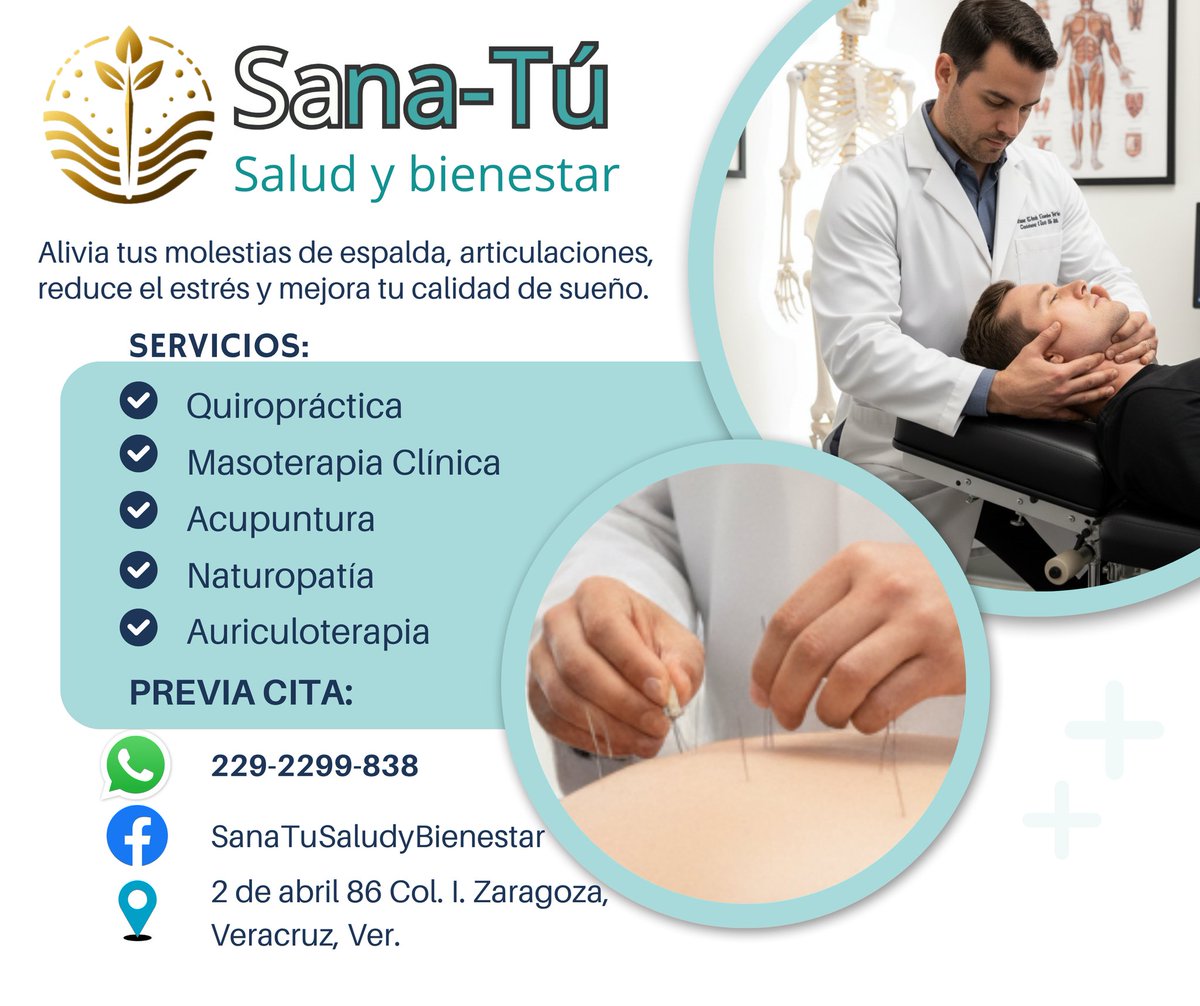 ThagoX_'s tweet photo. 🧑🏻‍⚕️Soy Jesús Santiago 
🌱#Naturopatía |📍#Acupuntura |
🦴#Quiropráctica |💆🏻‍♂️#Masajes.

✅Masaje: Reduce estrés, mejora calidad de sueño, alivia malestar muscular. 
✅Acupuntura.
✅Quiropráctico. Columna vertebral, rodilla, codo, tobillo, muñeca, hombro. #Veracruz 2292299838 https://t.co/HfYsgpaVRz
