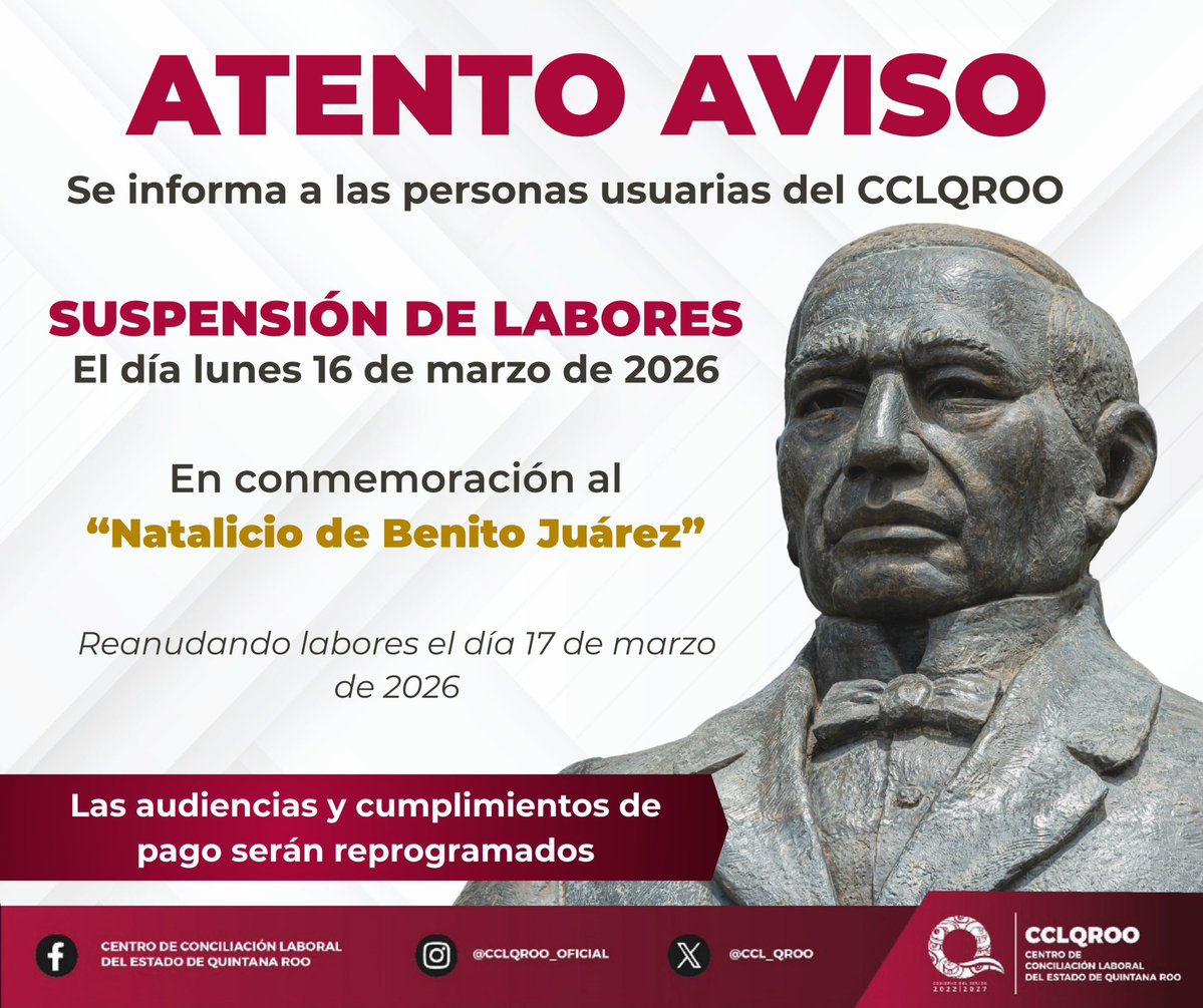 📢 AVISO IMPORTANTE
El #CCLQROO suspenderá labores y términos legales el día lunes 16 de marzo de 2026

✅ Las actividades se reanudan el martes 17 de marzo de 2026 en horario habitual. 

Tome sus precauciones.

#AvisoImportante
