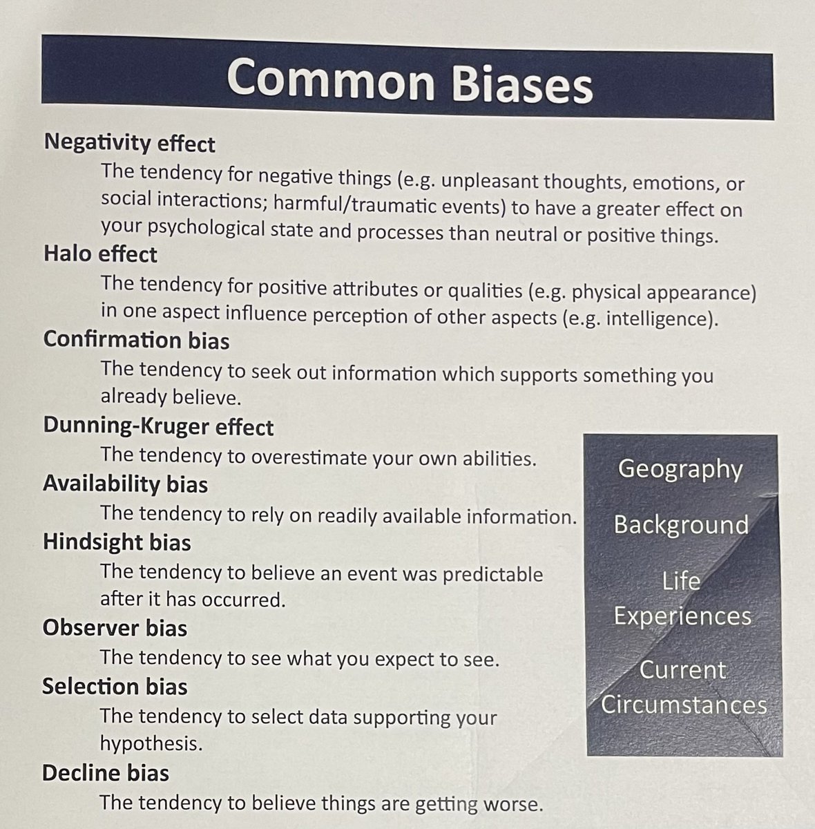 DavidT4WV's tweet photo. We’re all guilty of a few of these, and your bias can definitely change depending on your perspective and the situation. It’s a good reminder to pause, reflect &amp; challenge your perspectives before making assumptions or important decisions that impact the district #COSSBA26 https://t.co/YnfQfhlMXQ