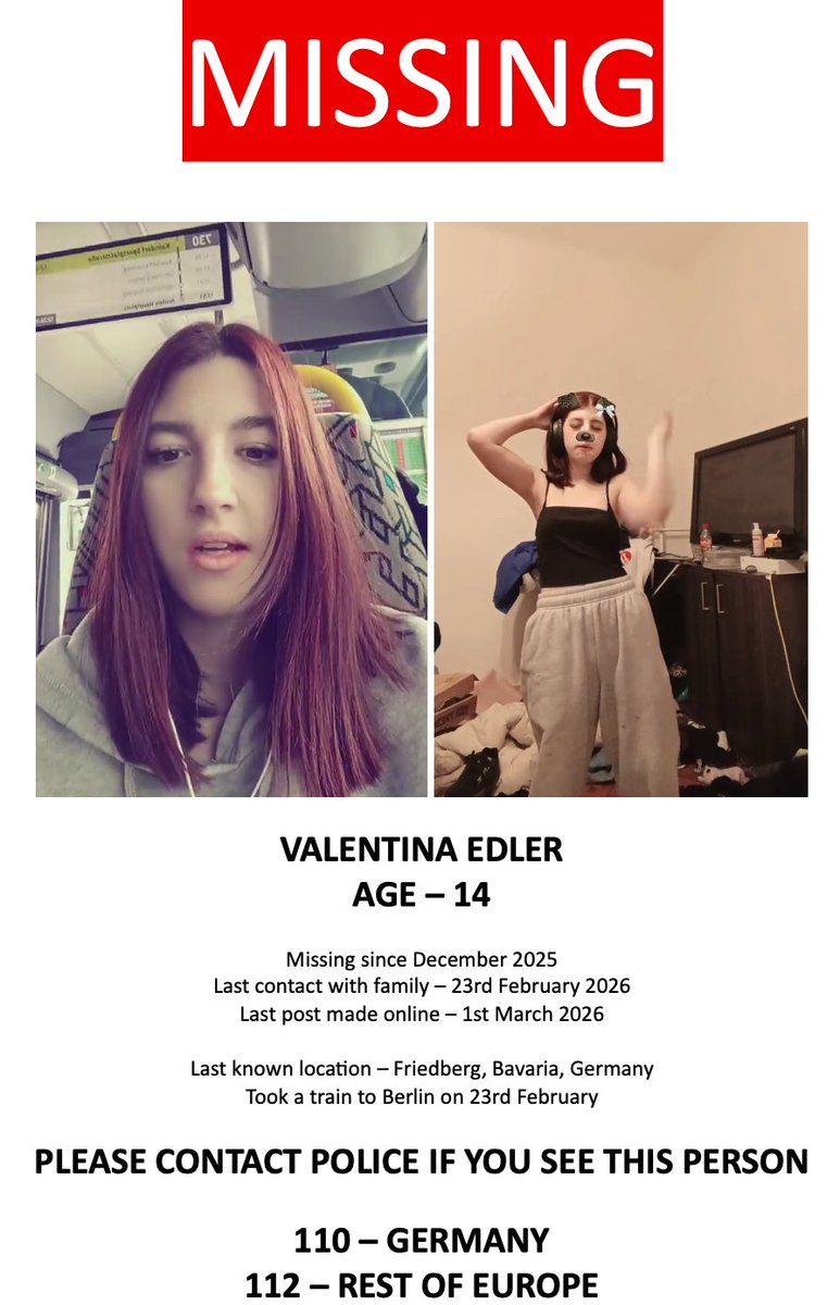 curioushitomi's tweet photo. 14 y/o sister ran away from 22 y/o boyfriend last month after he took her abroad. We havent heard from her since. Please share!

Meine Schwester (14) ist letzten Monat vor ihrem Freund davon (22) gelaufen, nachdem er sie ins Ausland gebracht hat. Seitdem Funkstille. Bitte teilen! https://t.co/xprQNhYND8