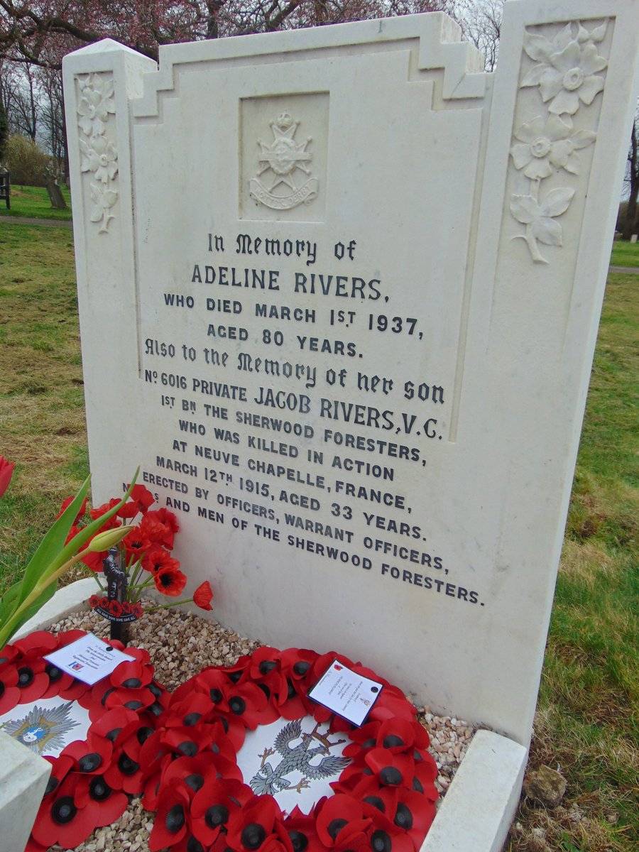 Rededication yesterday in Nottingham Road Cemetery in  Derby, of recently renovated grave of Adeline Rivers. Her son Pte Jacob Rivers , 1st Battalion Sherwood Foresters, received posthumous VC for his bombing exploits at Neuve Chapelle. Remembered here and on Le Touret Memorial.