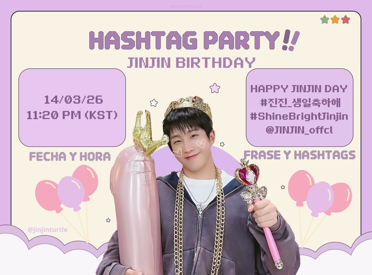 jinjinturtle's tweet photo. 💜 | EVENTO DE HASHTAG.

Se estará realizando un Evento de Hashtag para el cumpleaños de #JINJIN, únete y hagamos tendencia para él. ✨

📆: 14/03/26
⌚: 11:20 PM Kst 
❌ No uses los Hashtags ni la frase antes del tiempo indicado https://t.co/oGDl2jnaWR
