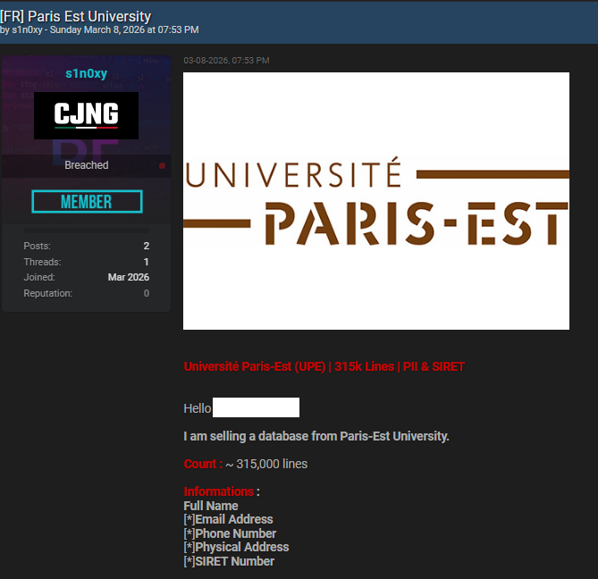 Frenchbreaches's tweet photo. 🔴🇫🇷 L’Université Paris-Est Créteil (UPEC) serait ciblée par une cyberattaque

Un hacker affirme vendre une base de données d’environ 315 000 lignes attribuée à l’université.
Depuis aujourd’hui, une personne enverrait également des messages à plusieurs adresses email associées à l’établissement depuis une adresse appartenant à l’université.

➡️ L’UPEC, l’une des principales universités d’Île-de-France, accueille plus de 38 000 étudiants et compte environ 3 000 enseignants et chercheurs, répartis au sein de 14 facultés, écoles et instituts et 32 laboratoires de recherche.

Selon la revendication, la base contiendrait notamment :

➡️ noms et prénoms
➡️ adresses email
➡️ numéros de téléphone
➡️ adresses physiques
➡️ numéros SIRET

À ce stade, l’authenticité de la base et l’origine des données n’ont pas été confirmées officiellement.