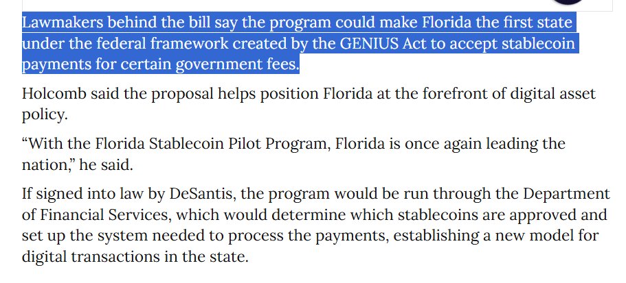 With the Genius Act as Law, Florida moves ahead as first state under the framework to use stablecoins in government transactions.

DeSantis will sign it into law shortly. ✅🇺🇸