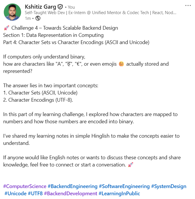 _Kshitiz_Garg_'s tweet photo. 🚀 Challenge 4 – Towards Scalable Backend Design
Section 1: Data Representation in Computing
https://t.co/Z5PEqeMRpV
Part 4: Character Sets vs Character Encodings (ASCII and Unicode)
#ComputerScience #Binary #HowComputersWork #TechFundamentals #DigitalSystems #TechTwitter https://t.co/rEGxKG4e2P