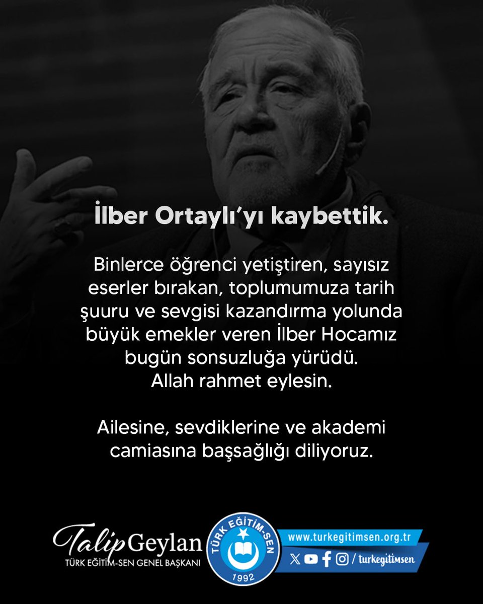 ULUTAS_ADEM's tweet photo. 🇹🇷Tarihe ışık tutan çalışmaları,ilmi birikimi ve yetiştirdiği öğrencilerle milletimizin hafızasında müstesna bir yer edinmiş olan kıymetli hocamıza Allah’tan rahmet; ailesine,yakınlarına ve sevenlerine sabır ve başsağlığı diliyorum.
Mekânı cennet,makamı âli olsun. 
#ilberortaylı https://t.co/0DBH9iijxT