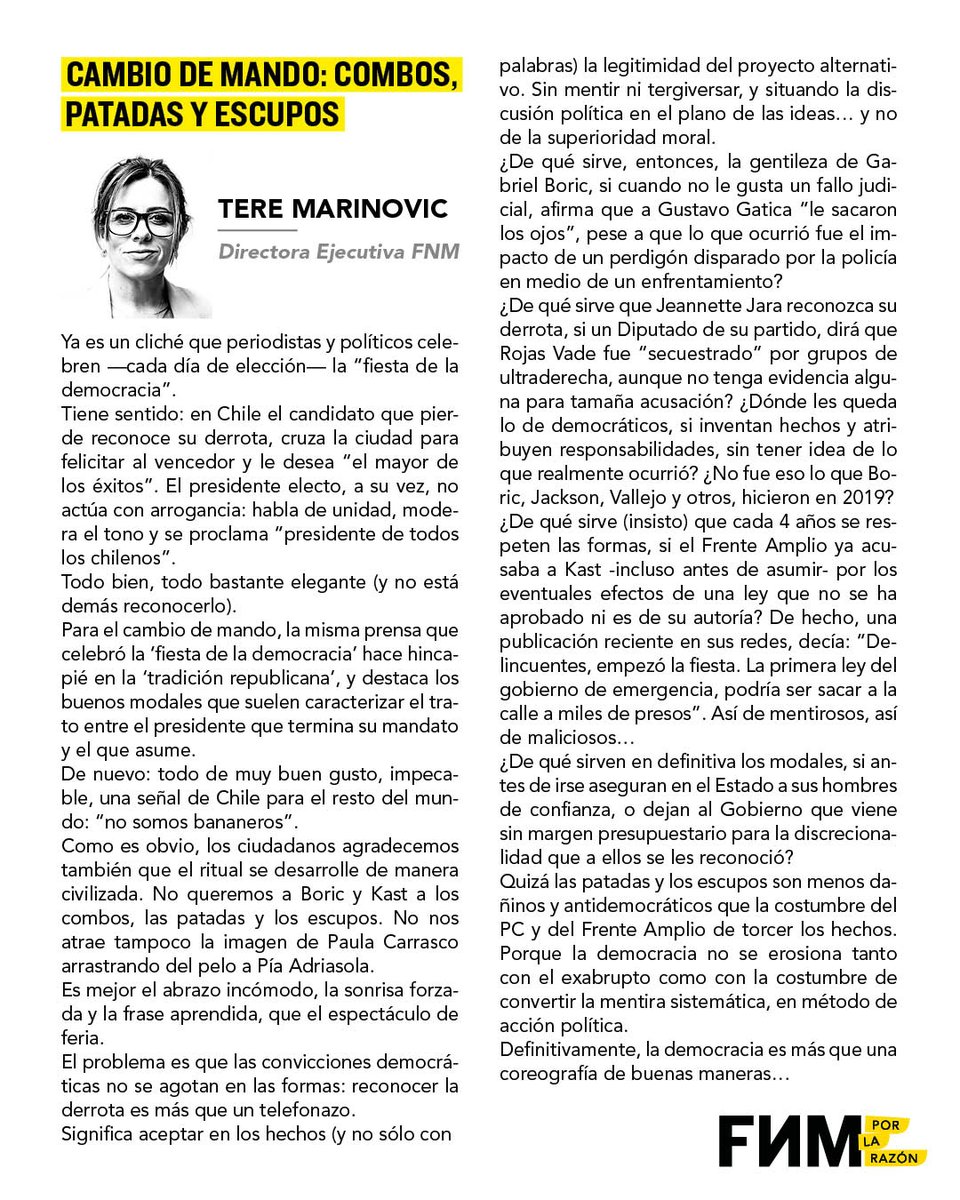 "¿De qué sirve la gentileza de Gabriel Boric, si cuando no le gusta un fallo judicial, afirma que a Gustavo Gatica "le sacaron los ojos"". 

Cambio de mando: combos, patadas y escupos por <a href="/tere_marinovic/">Tere Marinovic Vial</a>