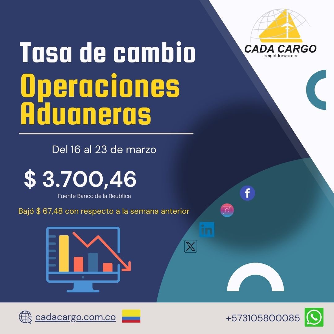 cadacargo's tweet photo. 📣Información clave para tu operación aduanera.

Ya se encuentra disponible la tasa de cambio oficial que aplicará esta semana en los procesos de comercio exterior. 🛂

💡 ¡Cuenta con nosotros como tu aliado logístico!

#CadaCargoSAS #TRM #ComercioExterior #SolucionesLogísticas https://t.co/NPpCwngMEv